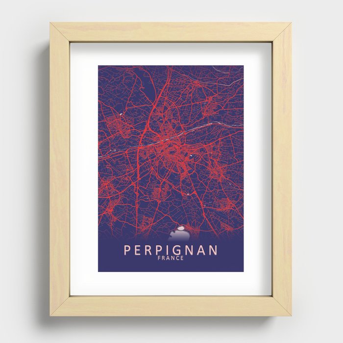 Perpignan, France, Blue, White, City, Map Recessed Framed Print
