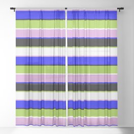 [ Thumbnail: Eyecatching Plum, Blue, Black, Green, and White Colored Striped/Lined Pattern Sheer Curtain ]