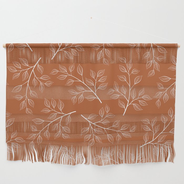 Delicate White Leaves and Branch on a Rust Orange Background Wall Hanging