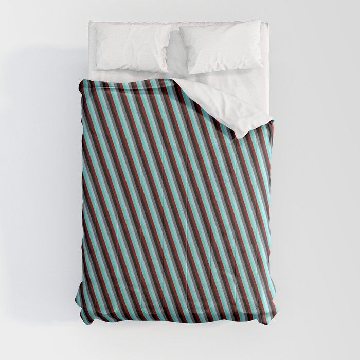 Dim Grey, Light Blue, Turquoise, Maroon, and Black Colored Lined/Striped Pattern Comforter