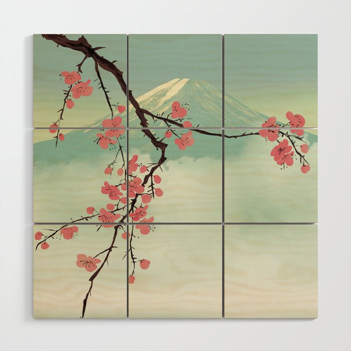 Cherry blossom and mountain 01 Wood Wall Art