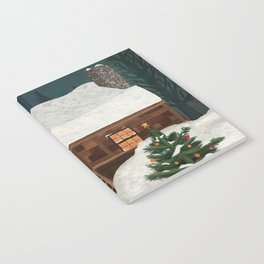 Cozy Christmas Winter Log Cabin in the Snow at Night  Notebook