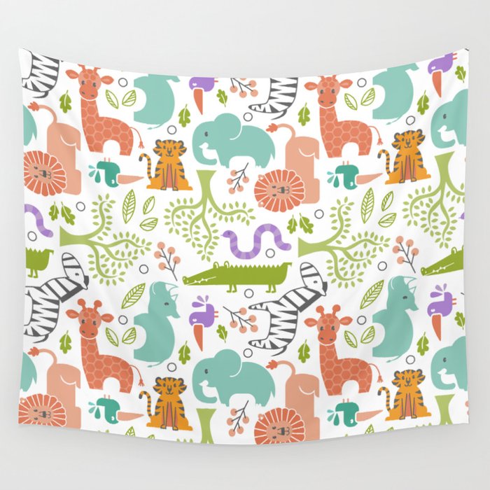 Zoo Pattern in Soft Colors Wall Tapestry