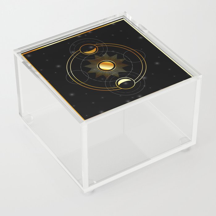 Sun and waxing and waning golden moons in space Acrylic Box