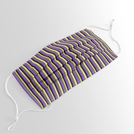 [ Thumbnail: Purple, Black, Tan, and Dark Olive Green Colored Striped Pattern Face Mask ]
