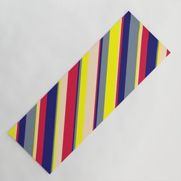[ Thumbnail: Vibrant Light Slate Gray, Yellow, Bisque, Crimson & Midnight Blue Colored Lines/Stripes Pattern Yoga Mat ]