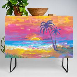 Sunset Beach Palms Landscape Painting Credenza