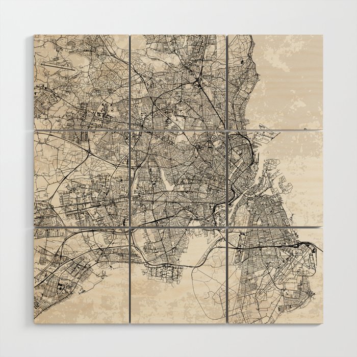 Copenhagen, Denmark - City Map Art Print - Black and White Wood Wall Art