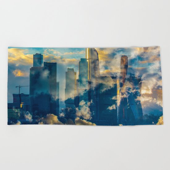 skyscrapers in the clouds Beach Towel