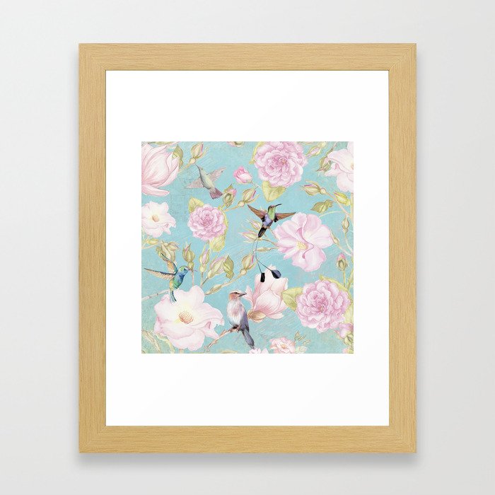 Pastel Teal Vintage Roses and Hummingbird Pattern Framed Art Print