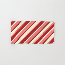 [ Thumbnail: Red, Beige, and Light Coral Colored Lined Pattern Hand & Bath Towel ]