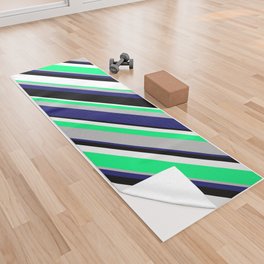 [ Thumbnail: Green, Grey, Midnight Blue, Black & White Colored Stripes Pattern Yoga Towel ]