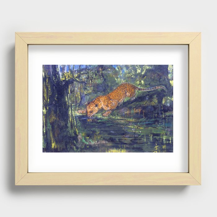 Leopard Drinking from a Stream in the Jungle by John Macallan Swan Recessed Framed Print