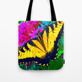 yellow butterfly on pink and green Tote Bag