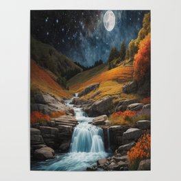 Landscape: river rushing water rocks flowers forest,moon,night Poster