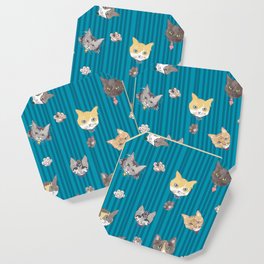 Cats with Paws Pattern/Hand-drawn in Watercolour/Blue Stripe Background Coaster