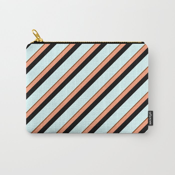 Brown, Light Salmon, Black & Light Cyan Colored Stripes Pattern Carry-All Pouch
