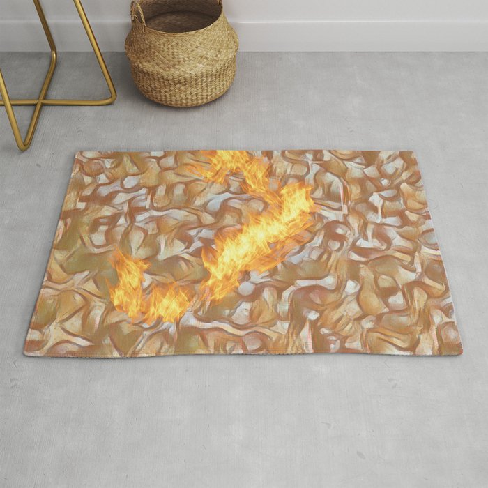 Abstract digital pattern design with curved shapes and flames Rug