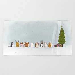 winter animals on the christmas tree Beach Towel