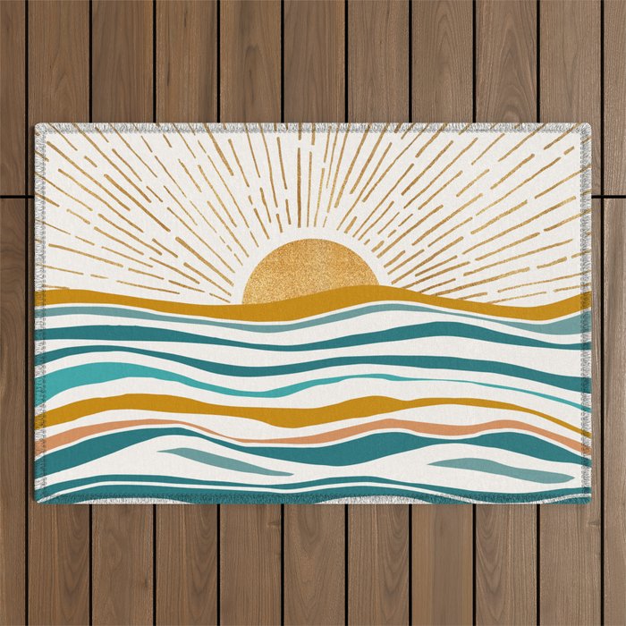 The Sun and The Sea - Gold and Teal Outdoor Rug