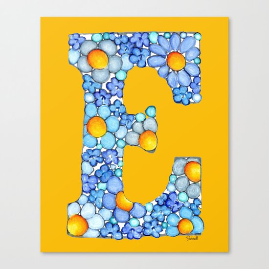 Blue Daisy Letter/ Initial E on Yellow-Orange Background Canvas Print