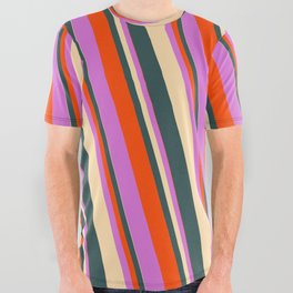 [ Thumbnail: Tan, Dark Slate Gray, Red & Orchid Colored Lined/Striped Pattern All Over Graphic Tee ]