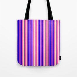 [ Thumbnail: Hot Pink, Pale Goldenrod, Dark Orchid & Blue Colored Stripes Pattern Tote Bag ]
