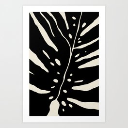 Black monstera tropical leaf detail on beige Art Print