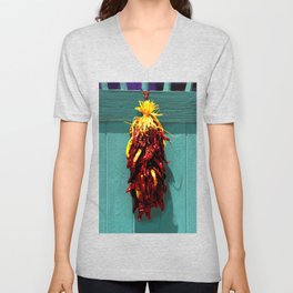 Chile Ristra Hanging on a Turquoise Door V Neck T Shirt