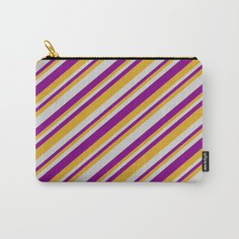 [ Thumbnail: Light Gray, Purple & Goldenrod Colored Lines Pattern Carry-All Pouch ]