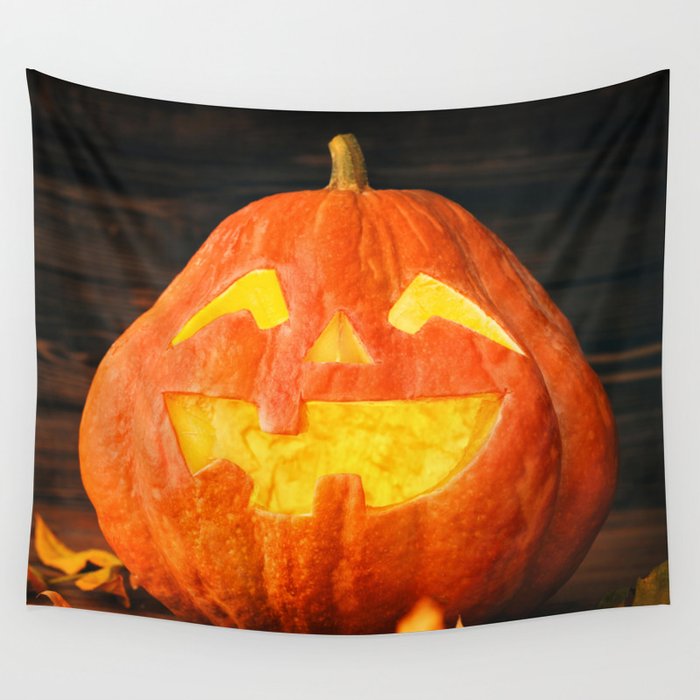 Halloween Pumpkin with Leaves on Wooden Background Wall Tapestry