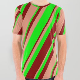 [ Thumbnail: Dark Salmon, Lime, and Dark Red Colored Lines Pattern All Over Graphic Tee ]