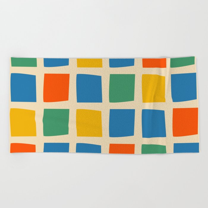 Midcentury Windows Geometric Check Pattern in Rainbow Pop Colours Beach Towel