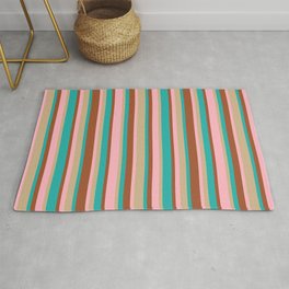 [ Thumbnail: Sienna, Light Sea Green, Tan & Light Pink Colored Stripes Pattern Rug ]
