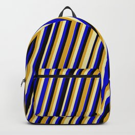 [ Thumbnail: Goldenrod, Pale Goldenrod, Blue & Black Colored Striped Pattern Backpack ]