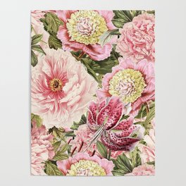 Vintage & Shabby Chic Floral Peony & Lily Flowers Watercolor Pattern Poster