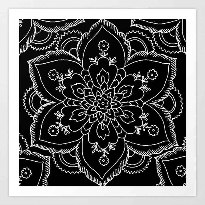 Hand Painted Black White Watercolor Floral Mandala Art Print By