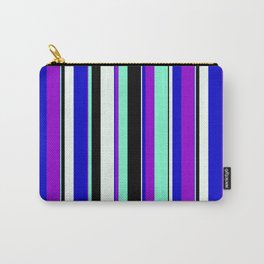 [ Thumbnail: Dark Violet, Aquamarine, Black, Mint Cream & Blue Colored Pattern of Stripes Carry-All Pouch ]