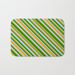 [ Thumbnail: Green, Light Gray, and Goldenrod Colored Striped Pattern Bath Mat ]