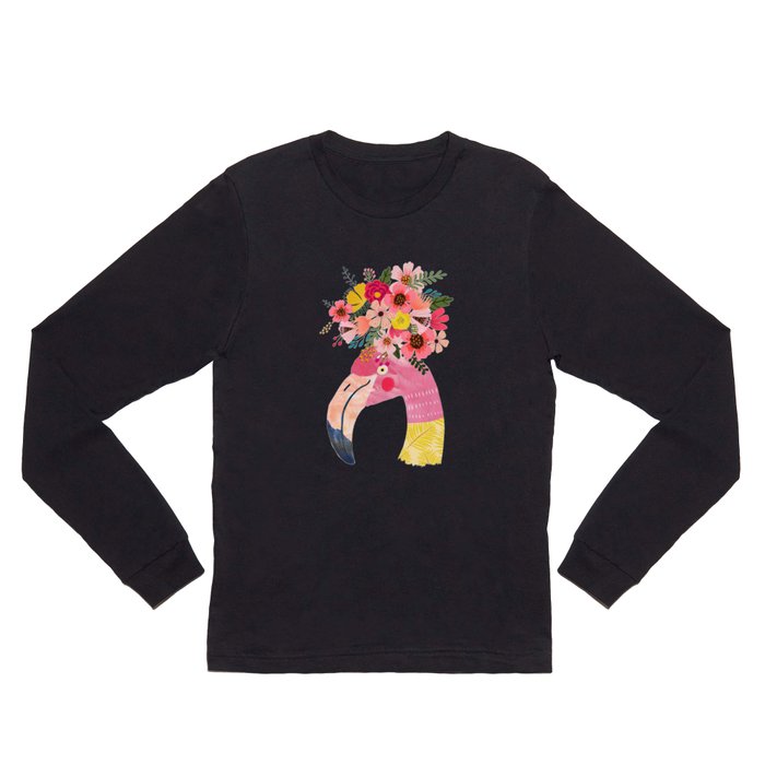 Pink flamingo with flowers on head Long Sleeve T Shirt