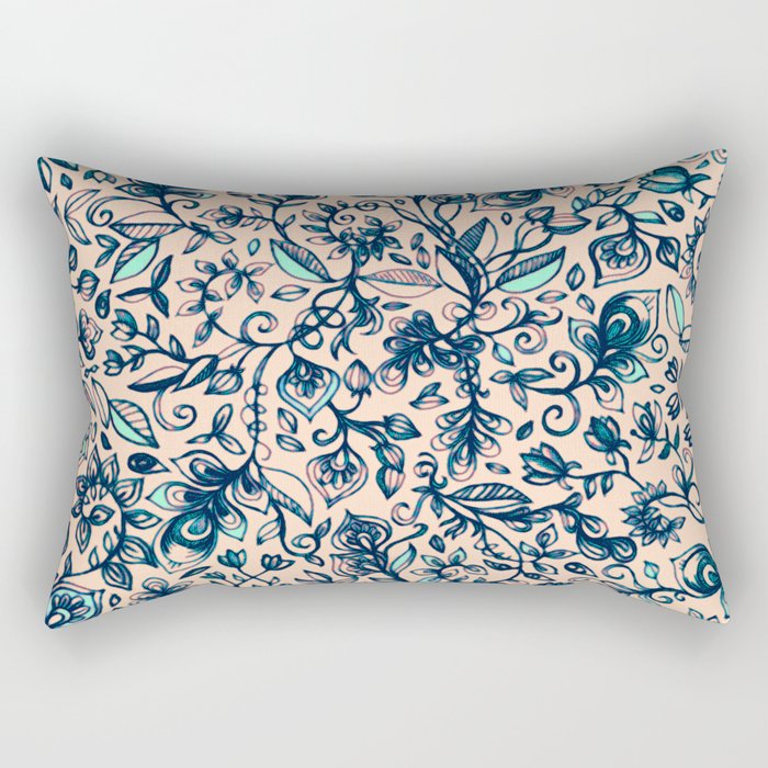 Teal Garden - floral doodle pattern in cream & navy blue Rectangular Pillow