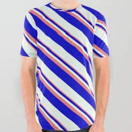 [ Thumbnail: Light Coral, Blue, and Mint Cream Colored Striped Pattern All Over Graphic Tee ]