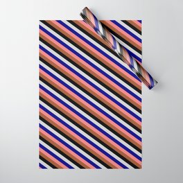 [ Thumbnail: Eye-catching Light Gray, Blue, Light Coral, Sienna, and Black Colored Stripes Pattern Wrapping Paper ]