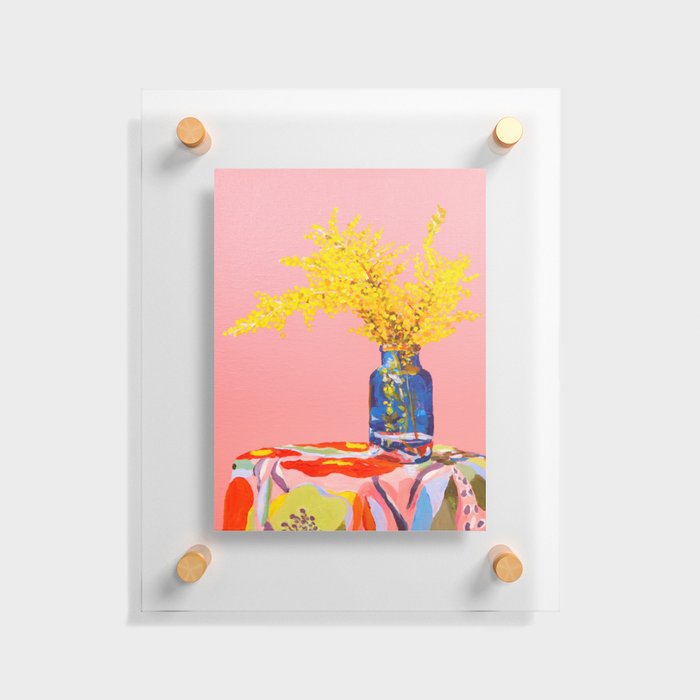 Pink Fuzzy Still Life | Golden Wattle Flower | Australian Native Flowers Floating Acrylic Print