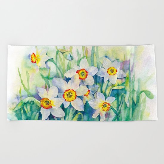 Daffodils watercolor illustration Beach Towel