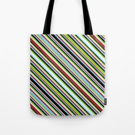 [ Thumbnail: Green, Light Cyan, Brown, Sky Blue & Black Colored Striped Pattern Tote Bag ]