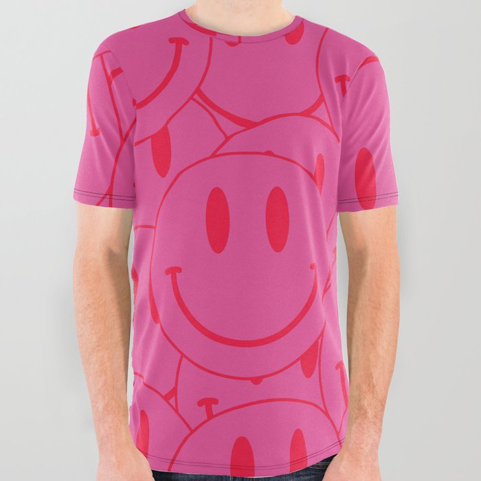 All Smiles -Large Pink and Red Smiley Face Mania - Preppy Aesthetic All Over Graphic Tee