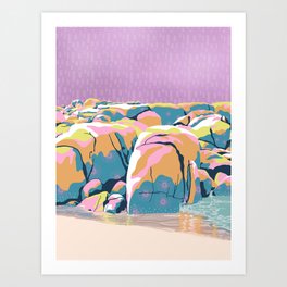 Modern beach seascape digital drawing in purple and teal Art Print