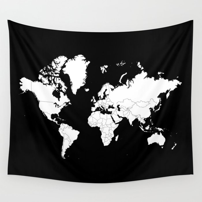 Minimalist World Map White On Black Background Wall Tapestry By Black Background Wall Tapestry