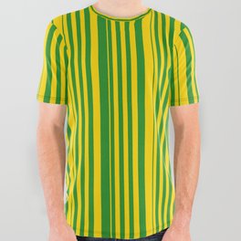 [ Thumbnail: Yellow & Forest Green Colored Pattern of Stripes All Over Graphic Tee ]